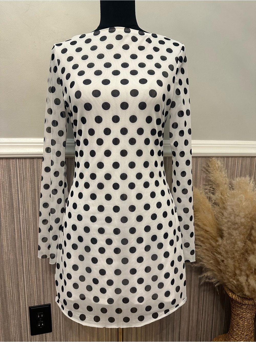 Black White Polka Dot Mesh Mini Dress Bell Sleeve Open Back Retro Mod